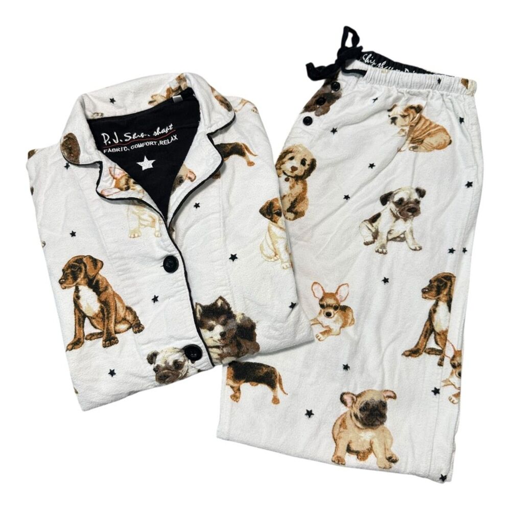 PJ Salvage White Cotton Flannel Dogs Stars Long Sleeve Button Up Pajama Set, XS